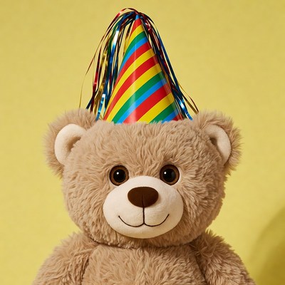 Bear wearing colorful party hat
