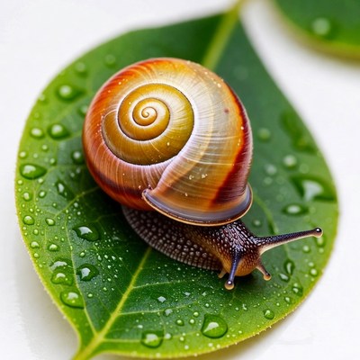 Snail on wet green leaf