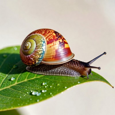 Colorful snail on dewy leaf