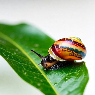 Colorful snail on green leaf