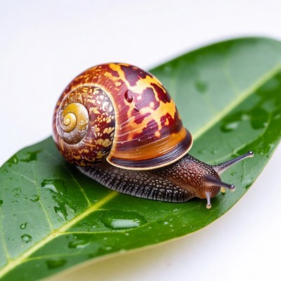 Orange snail on green leaf