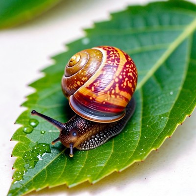 Colorful snail on green leaf