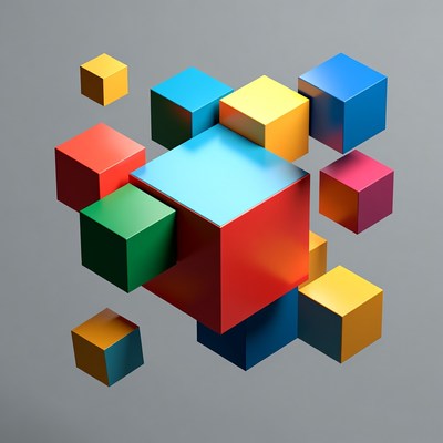 Colorful 3D Cubes Floating Gray Background