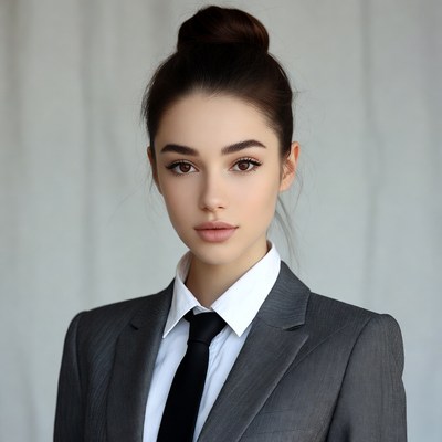 Woman in gray suit with bun