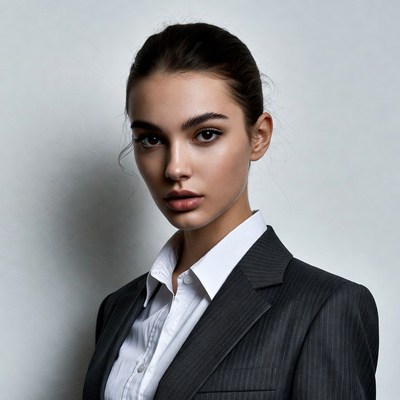 Woman in gray pinstripe suit