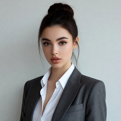 Woman in gray blazer with bun hairstyle