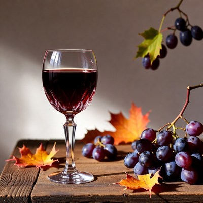 Red Wine Glass with Grapes and Autumn Leaves