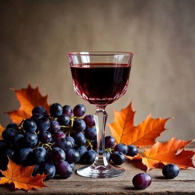Red Wine Glass with Grapes and Autumn Leaves
