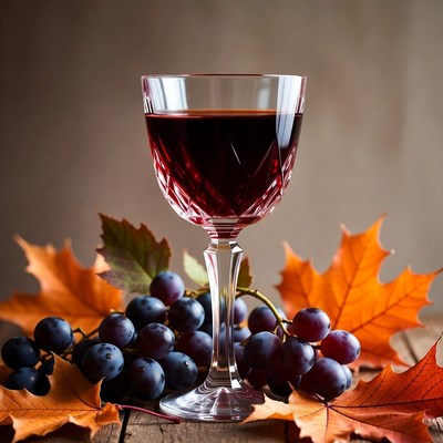 Red Wine Glass with Grapes and Autumn Leaves