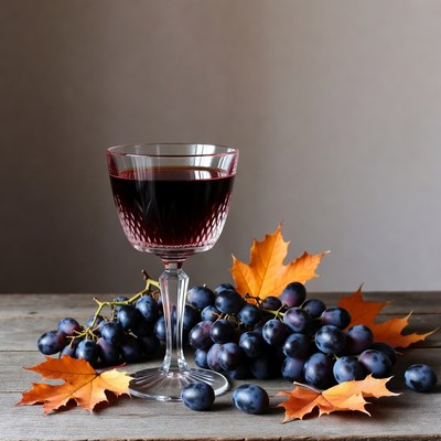 Red Wine Glass with Grapes and Autumn Leaves