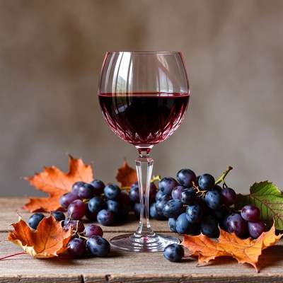 Red Wine Glass with Grapes and Autumn Leaves