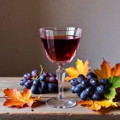 Red Wine Glass with Grapes and Autumn Leaves