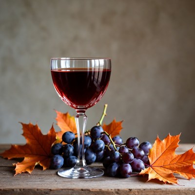 Red Wine Glass with Grapes and Autumn Leaves