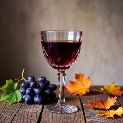 Red Wine Glass with Grapes and Autumn Leaves