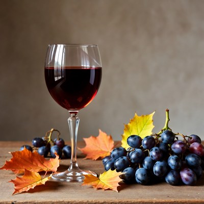 Red Wine Glass with Grapes and Autumn Leaves