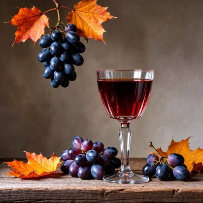 Red Wine Glass with Grapes and Autumn Leaves