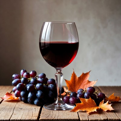 Red Wine Glass with Grapes and Autumn Leaves