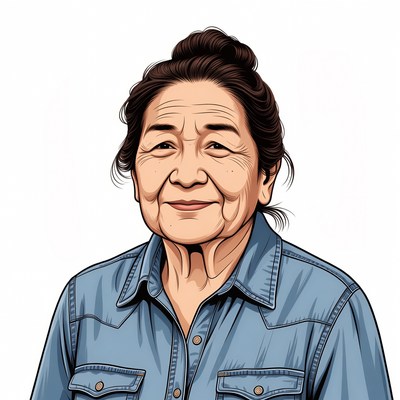Elderly Asian woman in blue shirt
