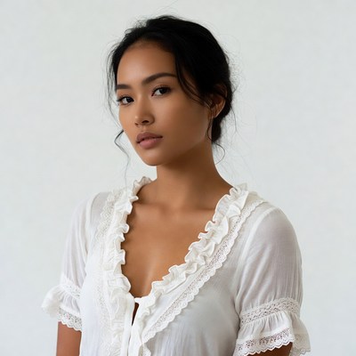 Asian woman in white lace blouse