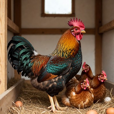 Rooster with hens in coop