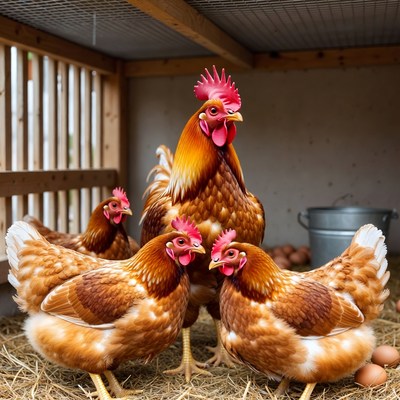Rooster with hens in chicken coop