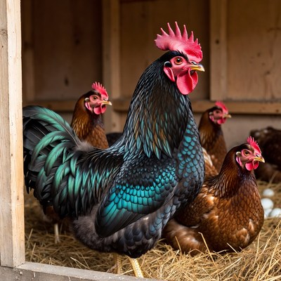 Rooster with hens in coop