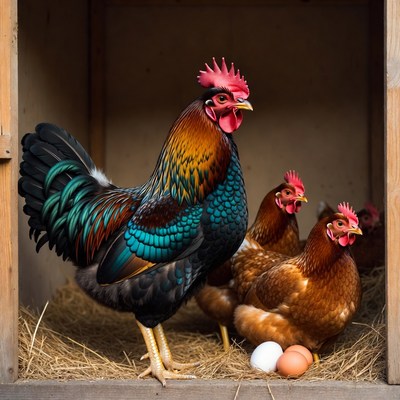 Rooster with hens and eggs in coop