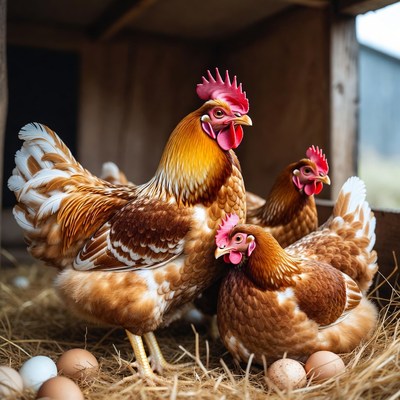 Chickens with Eggs in Coop