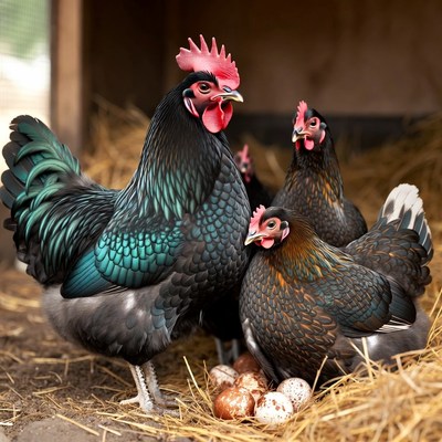 Chickens with eggs in coop