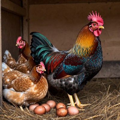 Rooster with hens and eggs in coop