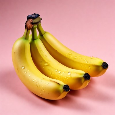 Three Wet Bananas on Pink Background