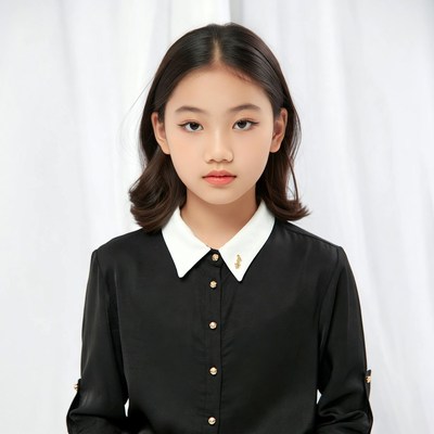 Asian girl in black collared shirt