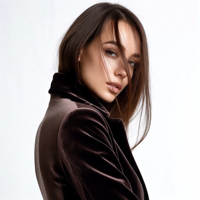 Woman in velvet coat profile view