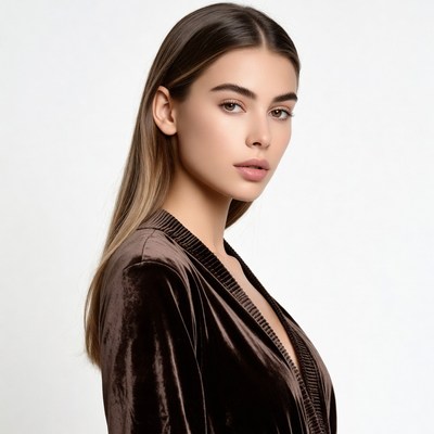 Woman in brown velvet dress profile