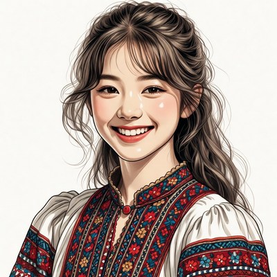Smiling Asian woman in embroidered dress