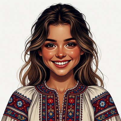 Smiling girl in embroidered blouse