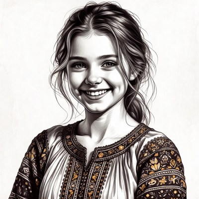Smiling girl in embroidered blouse