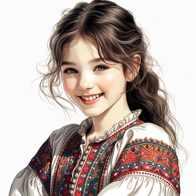 Smiling girl in embroidered traditional dress