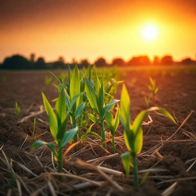 Young corn sprouts at sunset