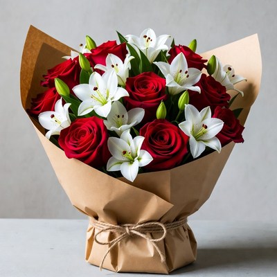 Red Roses and White Lilies Bouquet