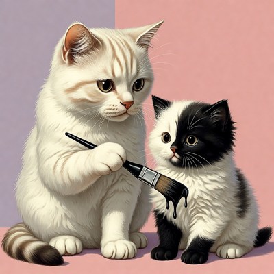 White cat painting black kitten