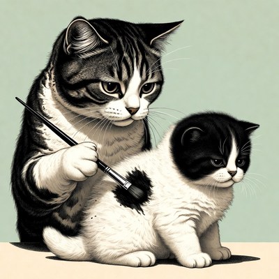 Cat painting black spot on kitten