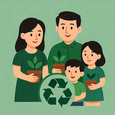 Asian family holding plants with recycle symbol