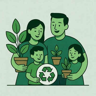 Family holding plants and recycle symbol
