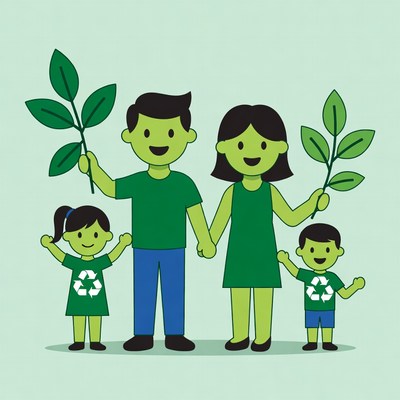 Green Family Holding Leaves Recycling Illustration