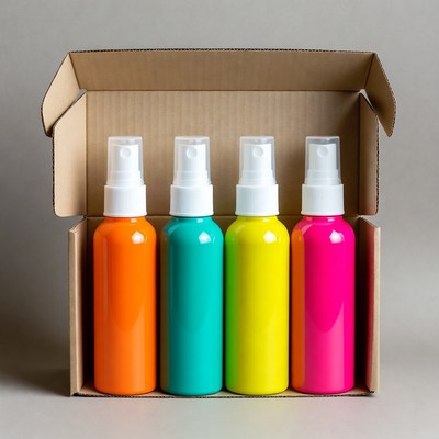 Colorful Spray Bottles in Cardboard Box