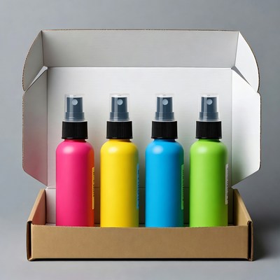 Colorful Spray Bottles in Open Box