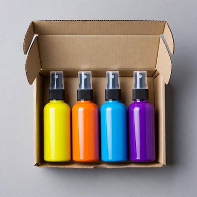 Colorful Spray Bottles in Cardboard Box