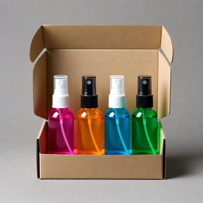 Colorful Spray Bottles in Cardboard Box