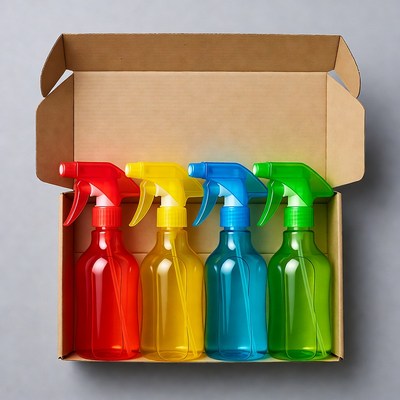 Colorful Spray Bottles in Open Box